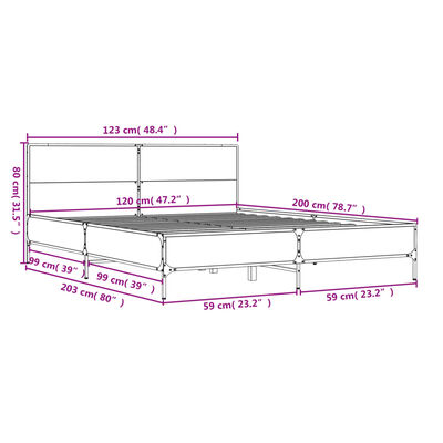 vidaXL sengestel 120x200 cm konstrueret træ og metal brun egetræ