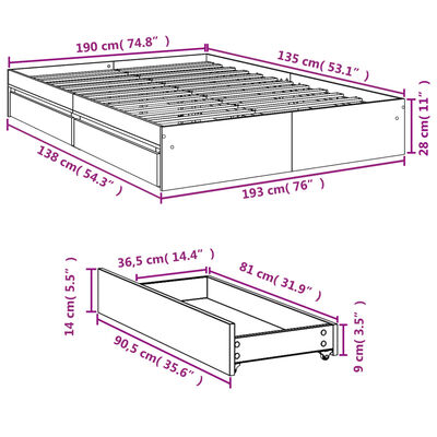 vidaXL sengeramme med skuffer 135x190 cm konstrueret træ grå sonoma-eg