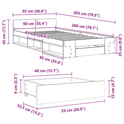 vidaXL sengeramme med skuffe 90x200 cm konstrueret træ sonoma-eg