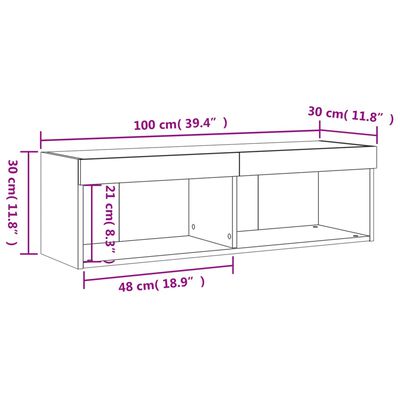 vidaXL tv-bord med LED-lys 100x30x30 cm røget egetræsfarve