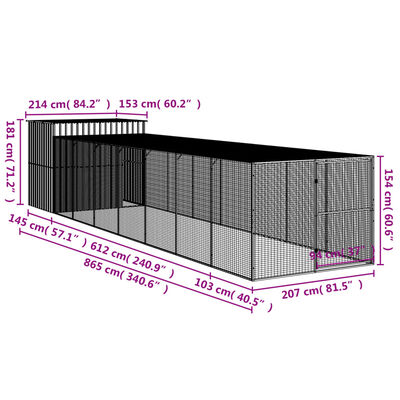 vidaXL hundehus med løbegård 214x865x181 cm galvaniseret stål lysegrå