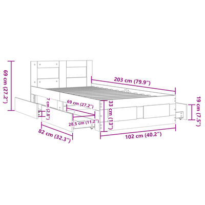 vidaXL sengeramme med sengegavl 100x200 cm konstrueret træ grå sonoma