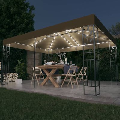 vidaXL pavillon med dobbelt tag og LED-lyskæder 3x4 m gråbrun
