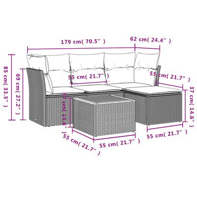 vidaXL sofasæt 5 dele med hynder polyrattan grå