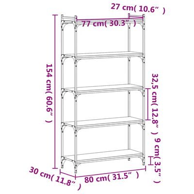 vidaXL bogreol 5 hylder 80x30x154 cm konstrueret træ brunt eg