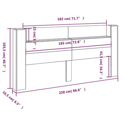 vidaXL sengegavl med opbevaring og LED-lys 220x16,5x103,5 cm sort