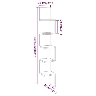 vidaXL væghængt hjørnehylde 20x20x127,5 cm konstrueret træ brunt eg