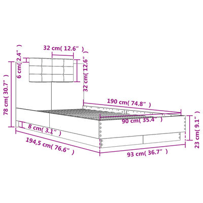 vidaXL sengeramme med sengegavl 90x190 cm konstrueret træ brunt eg