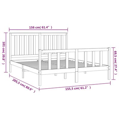 vidaXL sengeramme med sengegavl 150x200 cm kingsize massivt fyr grå