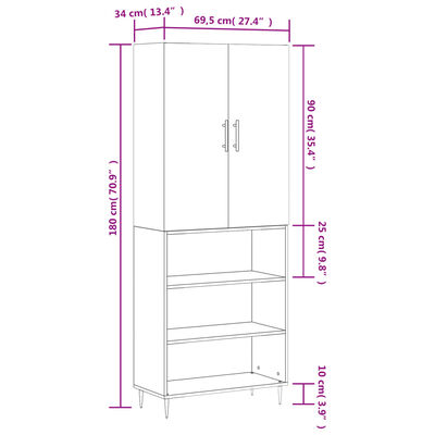 vidaXL højskab 69,5x34x180 cm konstrueret træ hvid