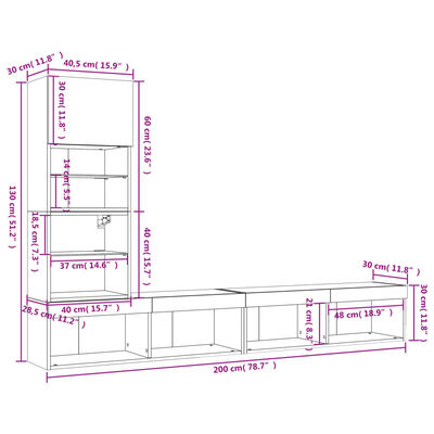 vidaXL tv-møbel til væg 4 dele med LED-lys konstrueret træ sonoma-eg