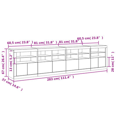 vidaXL skænk med LED-lys 283x37x67 cm hvid