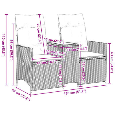 vidaXL 2-personers havesofa med bord og lænefunktion polyrattan beige