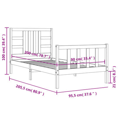 vidaXL sengeramme med sengegavl 90x200 cm massivt træ sort