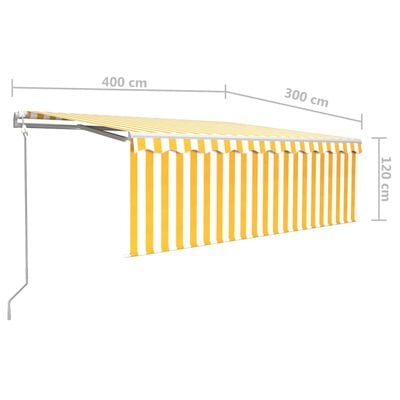 vidaXL markise m. gardin+LED+vindsensor 4x3 m automatisk gul og hvid