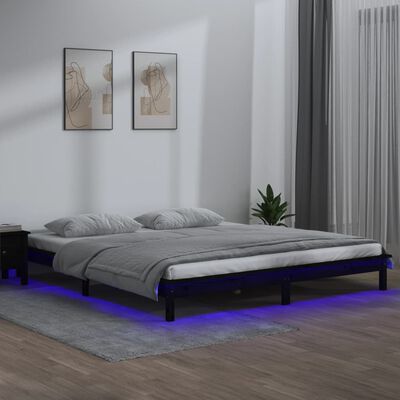 vidaXL sengeramme med LED-lys 200x200 cm massivt træ sort