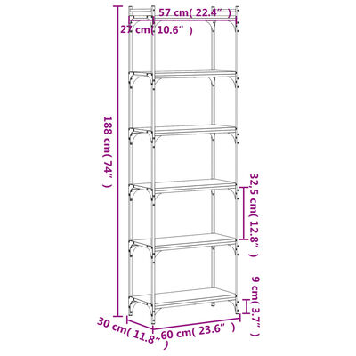 vidaXL bogreol med 6 hylder 60x30x188 cm konstrueret træ sort