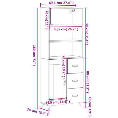 vidaXL højskab 69,5x34x180 cm konstrueret træ hvid