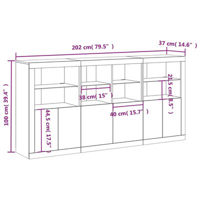 vidaXL skænk med LED-lys 202x37x100 cm hvid