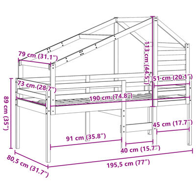 vidaXL højseng med tag 75x190 cm massivt fyrretræ