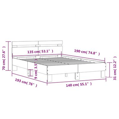 vidaXL sengeramme med sengegavl og LED-lys 135x190 cm brunt egetræ