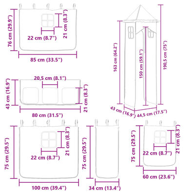 vidaXL køjeseng med rutsjebane og forhæng 90x190 cm hvid og sort