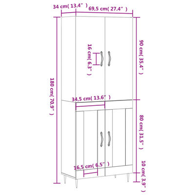 vidaXL højskab 69,5x34x180 cm konstrueret træ hvid højglans