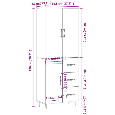 vidaXL højskab 69,5x34x180 cm konstrueret træ hvid