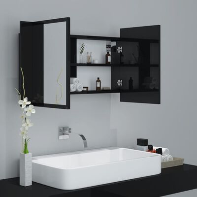 vidaXL badeværelsesskab m. spejl+LED-lys 80x12x45 akryl sort højglans