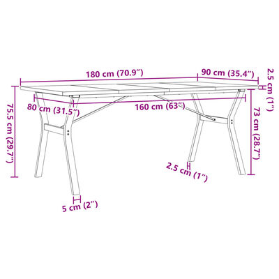 vidaXL spisebord 180x90x75,5 cm Y-stel massivt fyrretræ og støbejern