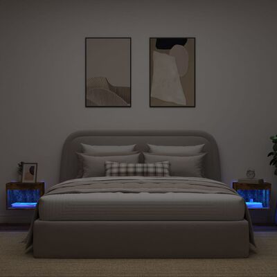 vidaXL sengebord 2 stk. med LED-lys væghængt røget egetræsfarve