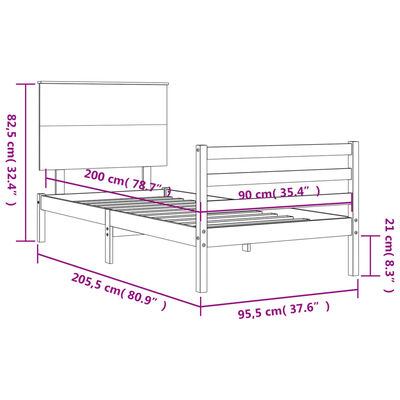 vidaXL sengeramme med sengegavl 90x200 cm massivt træ sort