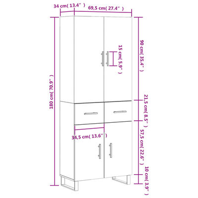 vidaXL højskab 69,5x34x180 cm konstrueret træ brun egetræsfarve