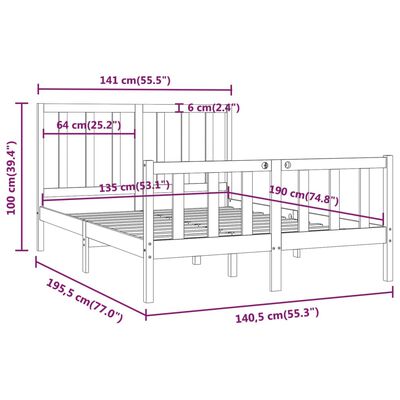 vidaXL sengeramme 135x190 cm Double massivt fyrretræ sort