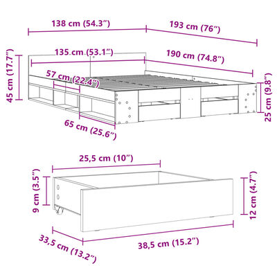 vidaXL sengeramme med skuffer 135x190 cm konstrueret træ sort