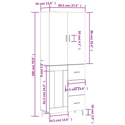 vidaXL højskab 69,5x34x180 cm konstrueret træ røget egetræsfarve