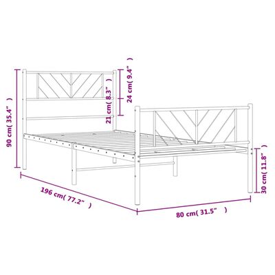 vidaXL sengeramme med sengegavl og fodgærde 75x190 cm metal hvid