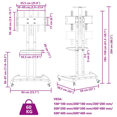 vidaXL tv-stativ med hjul 32-70" skærm maks. VESA 600x400 mm 60 kg