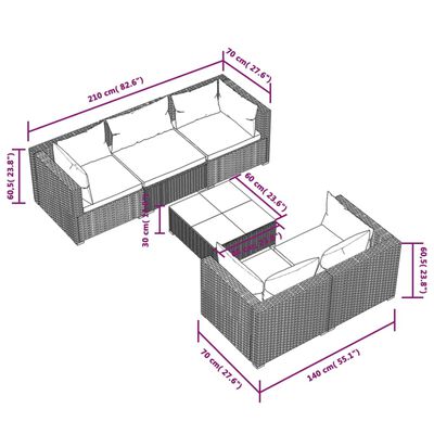 vidaXL loungesæt til haven 6 dele med hynder polyrattan grå