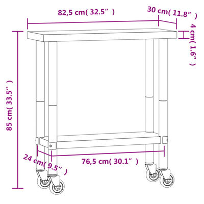 vidaXL arbejdsbord med hjul til køkken 82,5x30x85 cm rustfrit stål