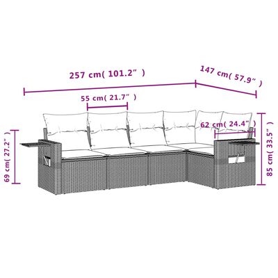 vidaXL sofasæt til haven 5 dele med hynder polyrattan brun