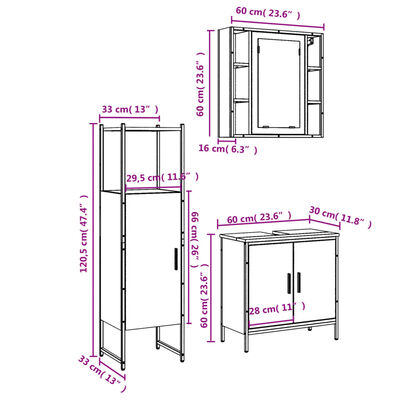 vidaXL badeværelsesskabe 3 dele konstrueret træ røget egetræsfarve