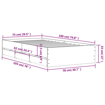 vidaXL sengeramme med skuffer 75x190 cm konstrueret træ røget eg