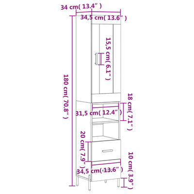 vidaXL højskab 34,5x34x180 cm konstrueret træ grå sonoma-eg