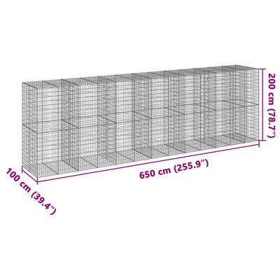 vidaXL gabionkurv med cover 650x100x200 cm galvaniseret jern