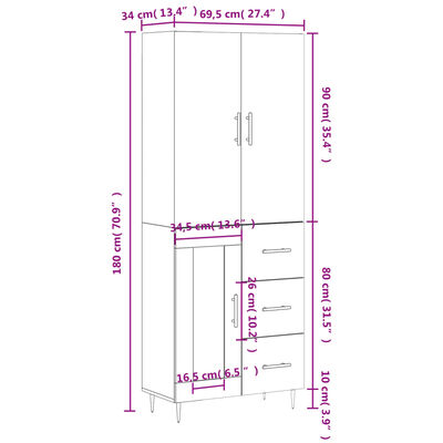 vidaXL højskab 69,5x34x180 cm konstrueret træ grå sonoma-eg