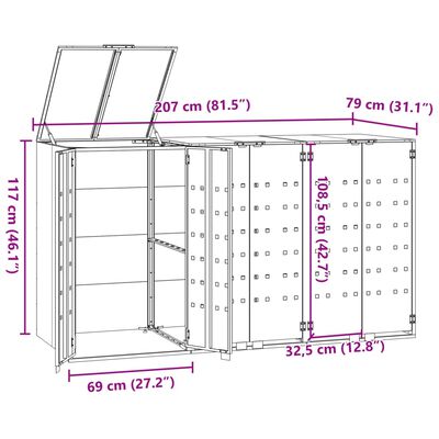 vidaXL skraldespandsskjuler 207x79x117 cm 3 rum stål sort