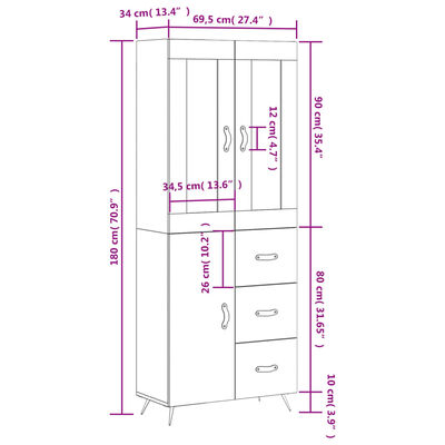 vidaXL højskab 69,5x34x180 cm konstrueret træ hvid