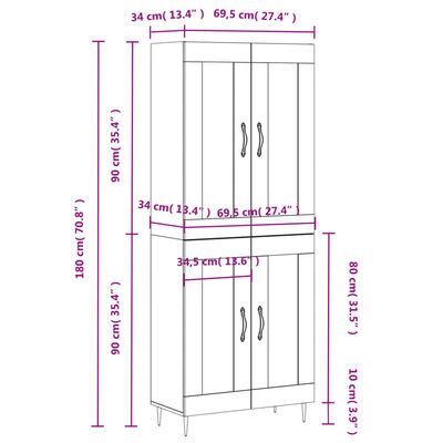 vidaXL højskab 69,5x34x180 cm konstrueret træ grå sonoma-eg