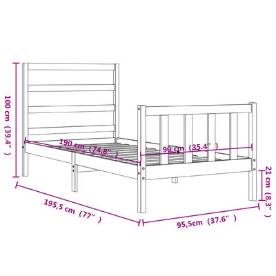 vidaXL sengeramme med sengegavl 90x190 cm massivt træ